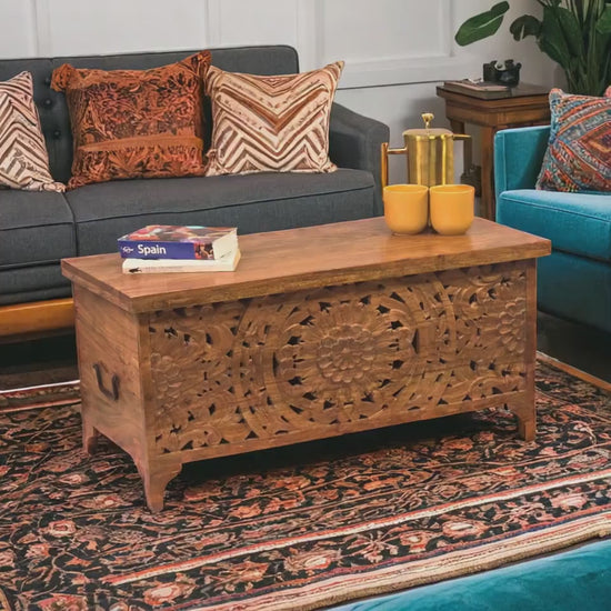 Coffee Table Chest with Storage Hand Carved Acacia Wood Trunk
