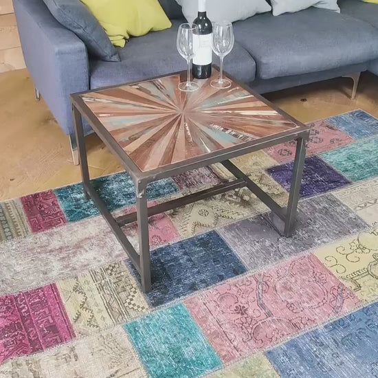 Recycled Teak Coffee Table: Distressed Wood Parquet, Iron Frame