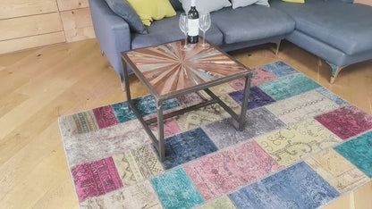 Recycled Teak Coffee Table: Distressed Wood Parquet, Iron Frame