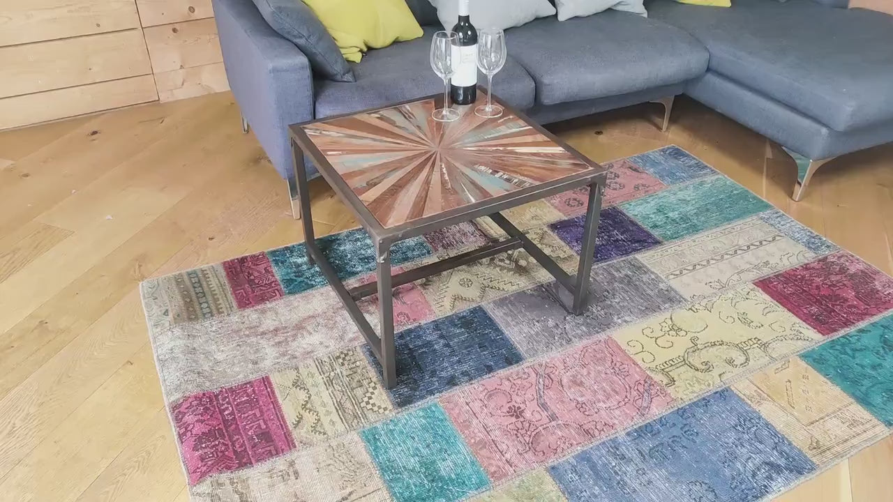 Recycled Teak Coffee Table: Distressed Wood Parquet, Iron Frame