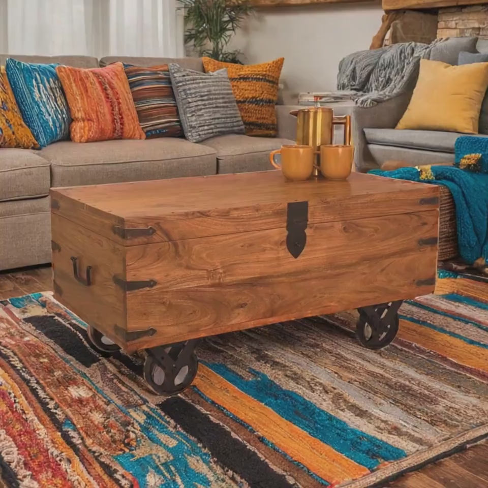 Acacia Wood Trunk Coffee Table on Wheels: Rustic Storage Blanket Box