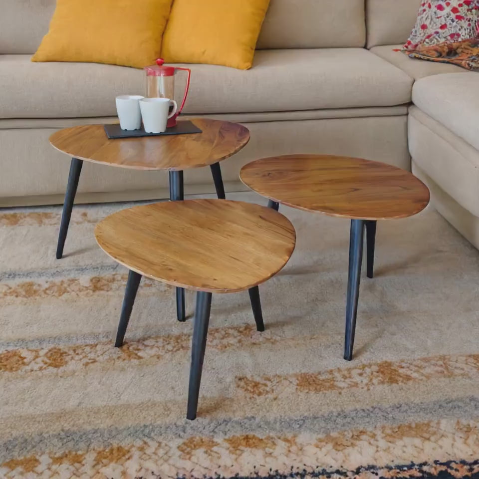 Retro Hardwood Set of 3 Nesting Triangular Tables with Iron Legs