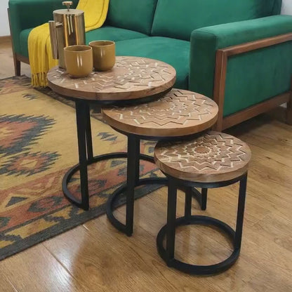 Acacia wood Round set 3 nesting Tables  hand carved