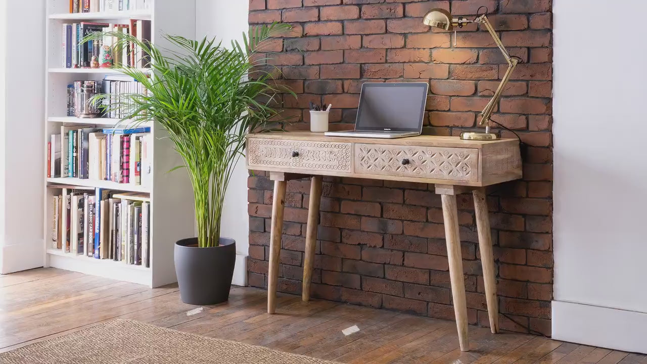 Destressed Mangowood Computer Desk with Carved Drawers