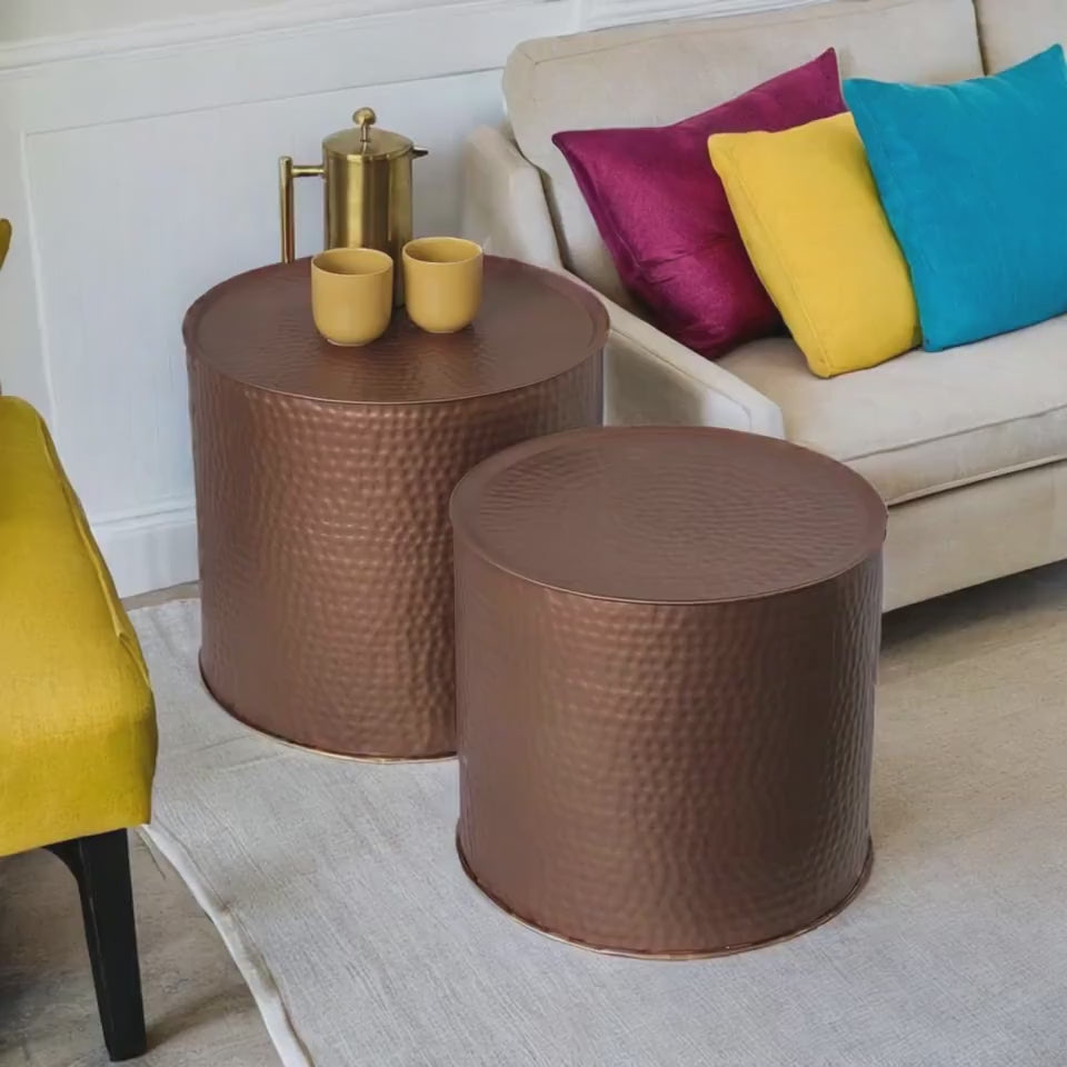 Drum Round Nest of Tables Hammered Aluminium Bronze Finish