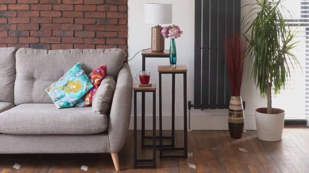 Nest of 3 Plant stands Acacia wood on black iron