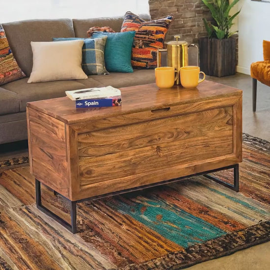 Chest Coffee Table with Storage Acacia Wood  Black Iron Base modern blanket box trunk