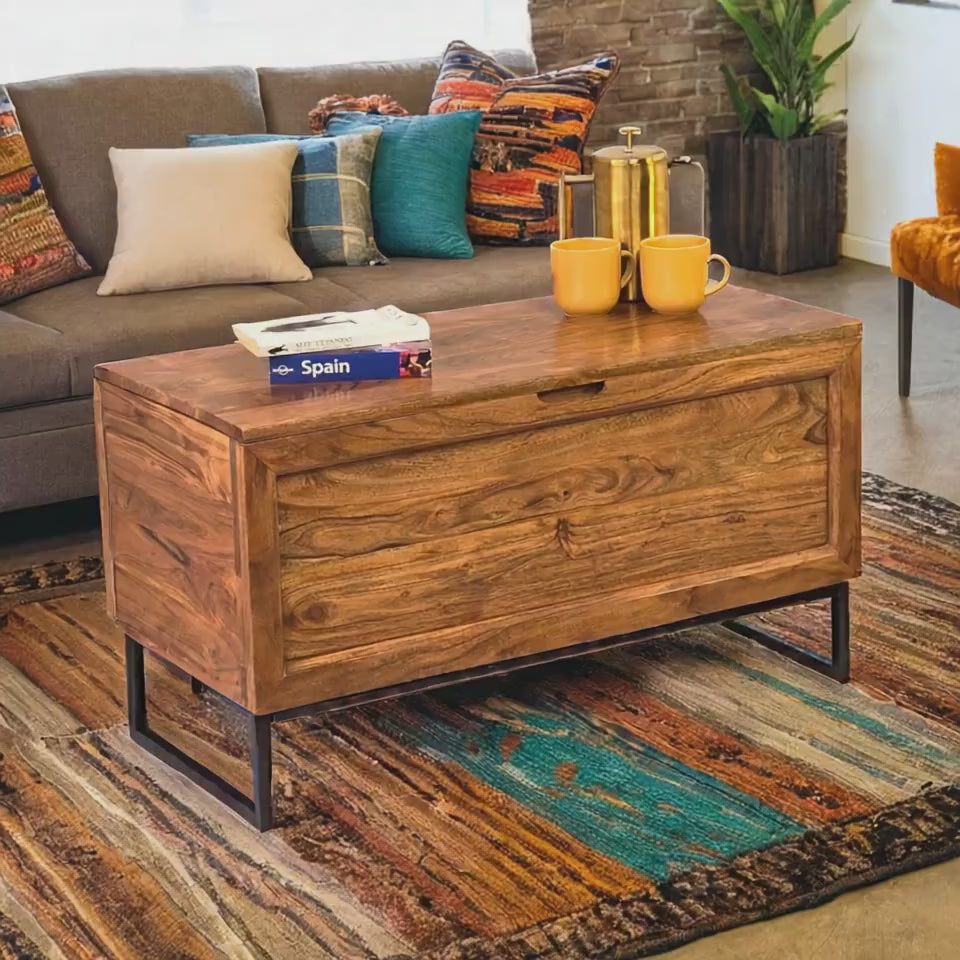 Chest Coffee Table with Storage Acacia Wood  Black Iron Base modern blanket box trunk