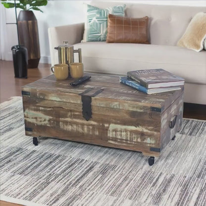 Recycled  Painted teak  Coffee table Trunk on Wheels