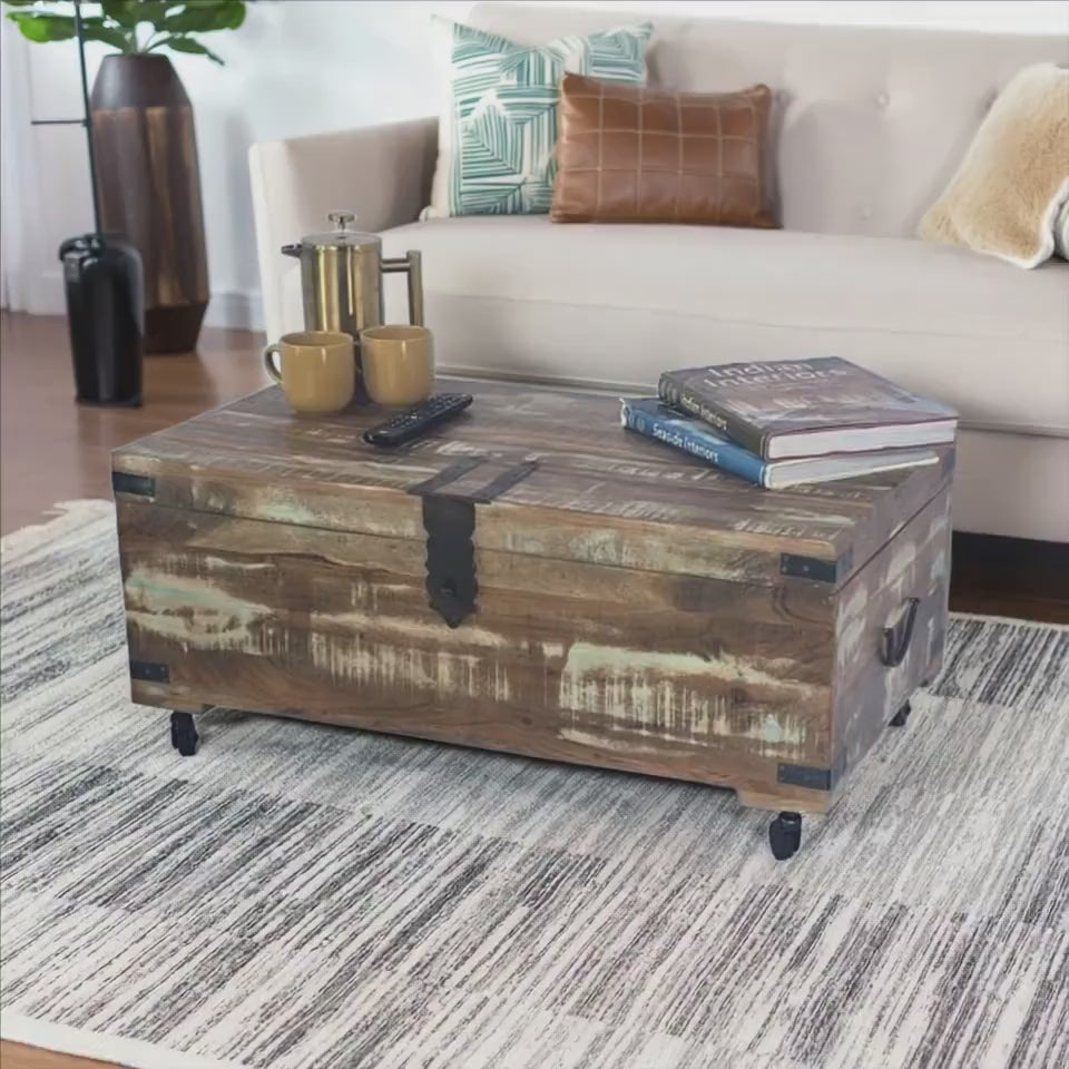 Recycled  Painted teak  Coffee table Trunk on Wheels