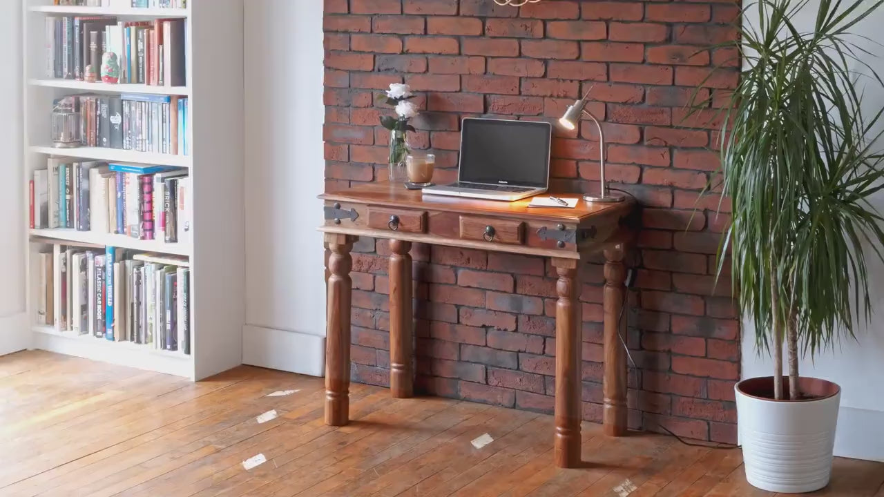 Acacia Wood Computer Desk: Thakat Console Table with Storage