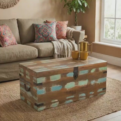 Recycled Teak Distressed paint Coffee Table Chest Trunk with storage