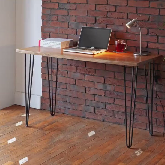 Live Edge Acacia Wood Desk: Black Hairpin Legs, Solid Wood Console