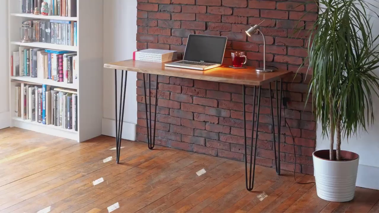 Live Edge Acacia Wood Desk: Black Hairpin Legs, Solid Wood Console