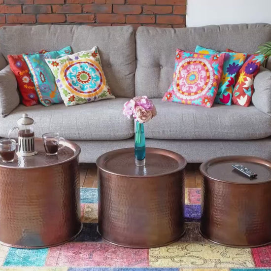 Hammered Iron Drum Nesting tables set 3 Bronze