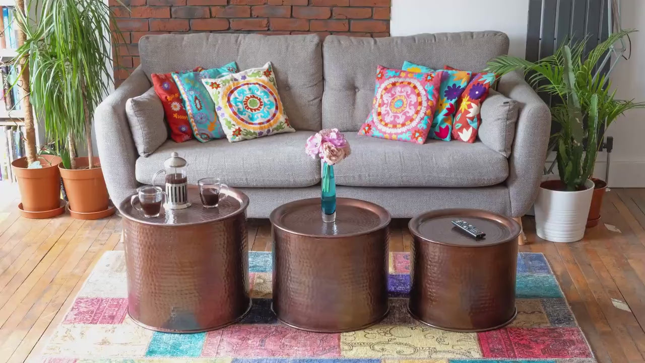 Hammered Iron Drum Nesting tables set 3 Bronze