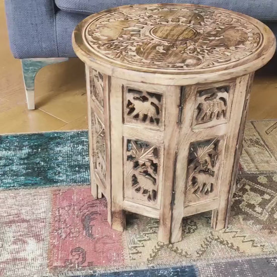 Mangowood Elephant Carved Octagonial Side Table