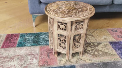 Mangowood Elephant Carved Octagonial Side Table