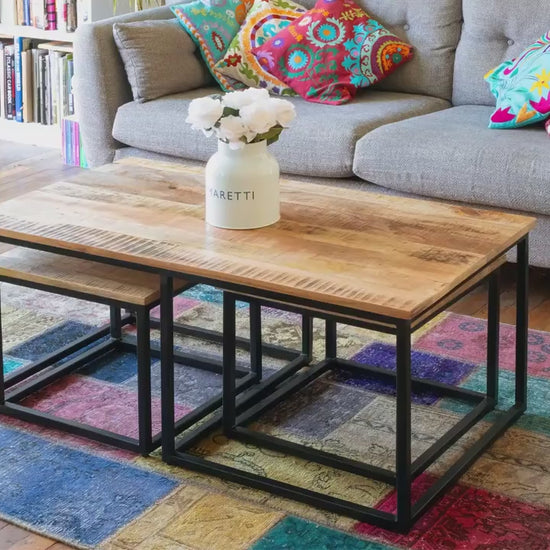 Coffee Table Nest Distressed Mango wood on Iron base set 3