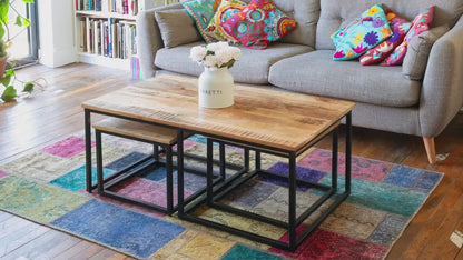 Coffee Table Nest Distressed Mango wood on Iron base set 3