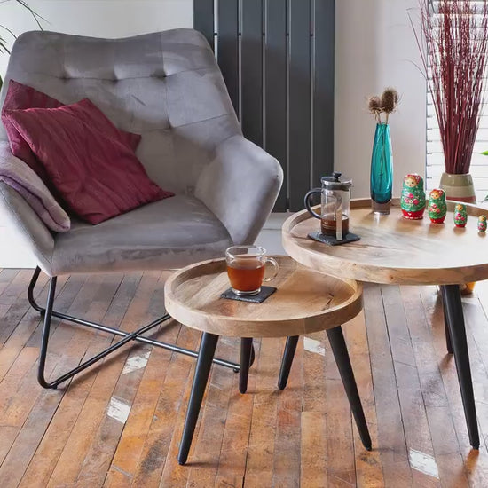 Round side tables, end tables , Mango wood set 2 black iron pin legs