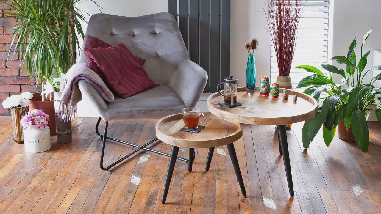 Round side tables, end tables , Mango wood set 2 black iron pin legs