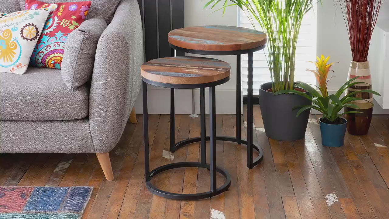 Reclaimed Teak Nesting Tables: Shabby Chic Industrial Set of 2