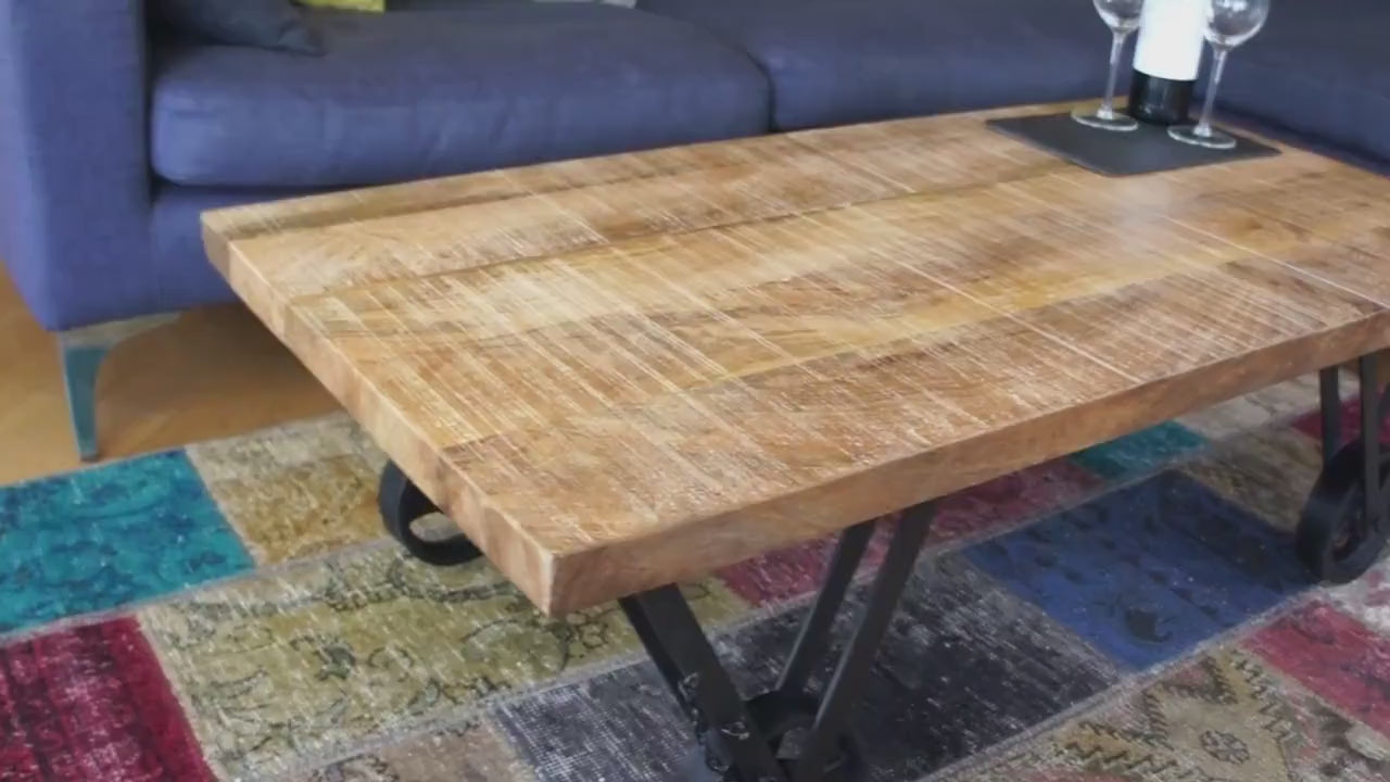 COFFEE TABLE Mango Wood on Iron wheel base
