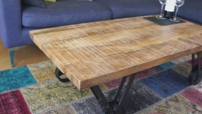 COFFEE TABLE Mango Wood on Iron wheel base