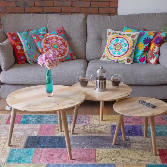Mango wood set 3 round Side Tables handmade