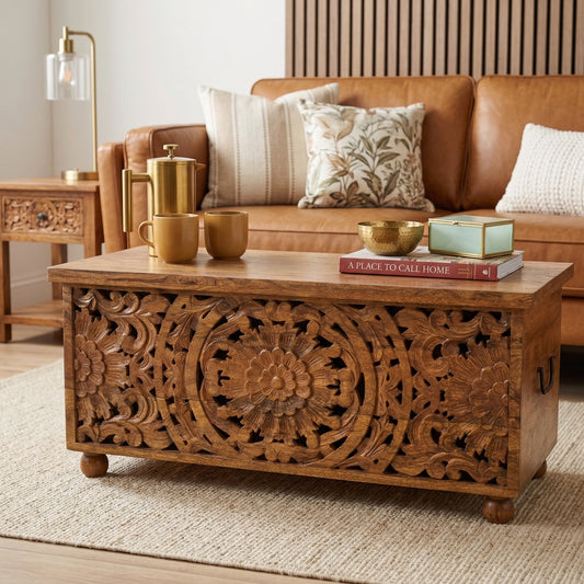 Acacia Wood Coffee Table Chest with Storage Hand Carved  Trunk