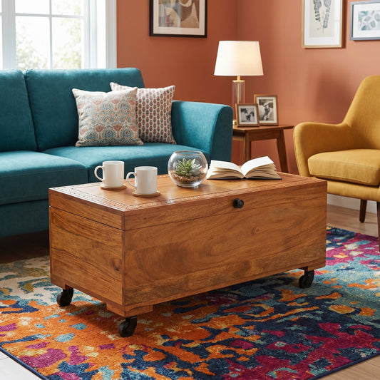 Acacia  Wood Carved Top Chest on Wheels